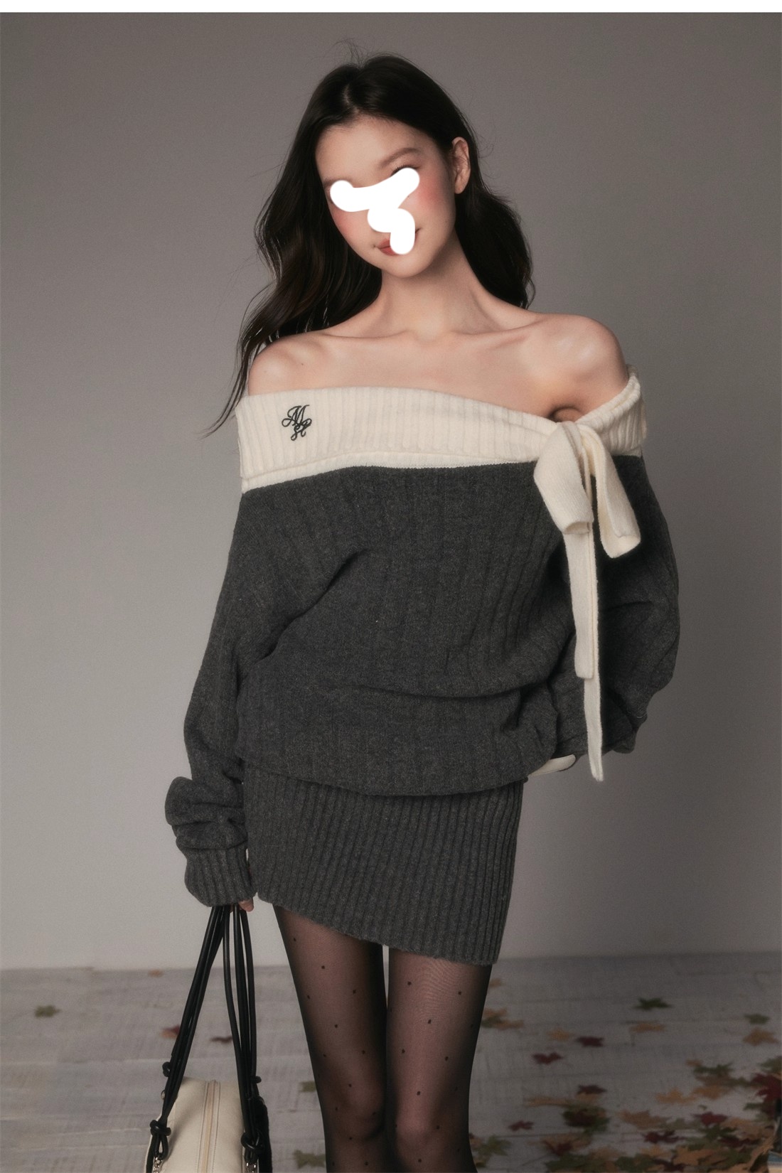 一字肩蝴蝶结厚款连衣裙氛围感针织长袖毛衣