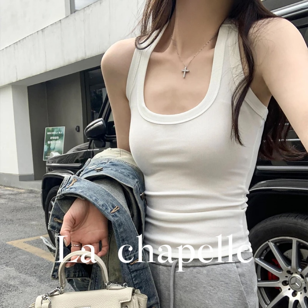 La Chapelle/拉夏贝尔黄色方领螺纹挂脖背心吊带通勤打底
