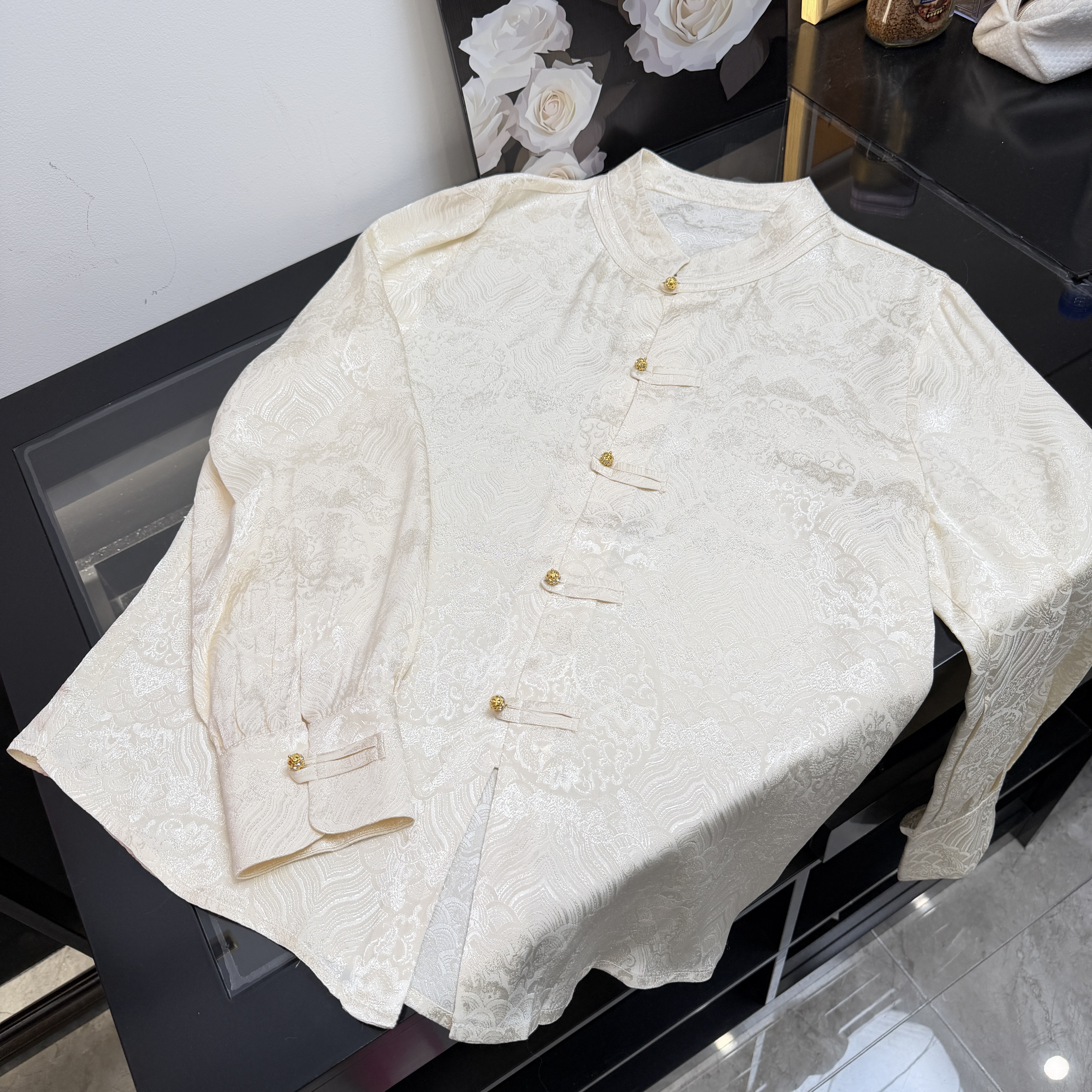 醋酸人丝中国风新中式圆领提花长袖衬衫女款打底上衣提冬季新款
