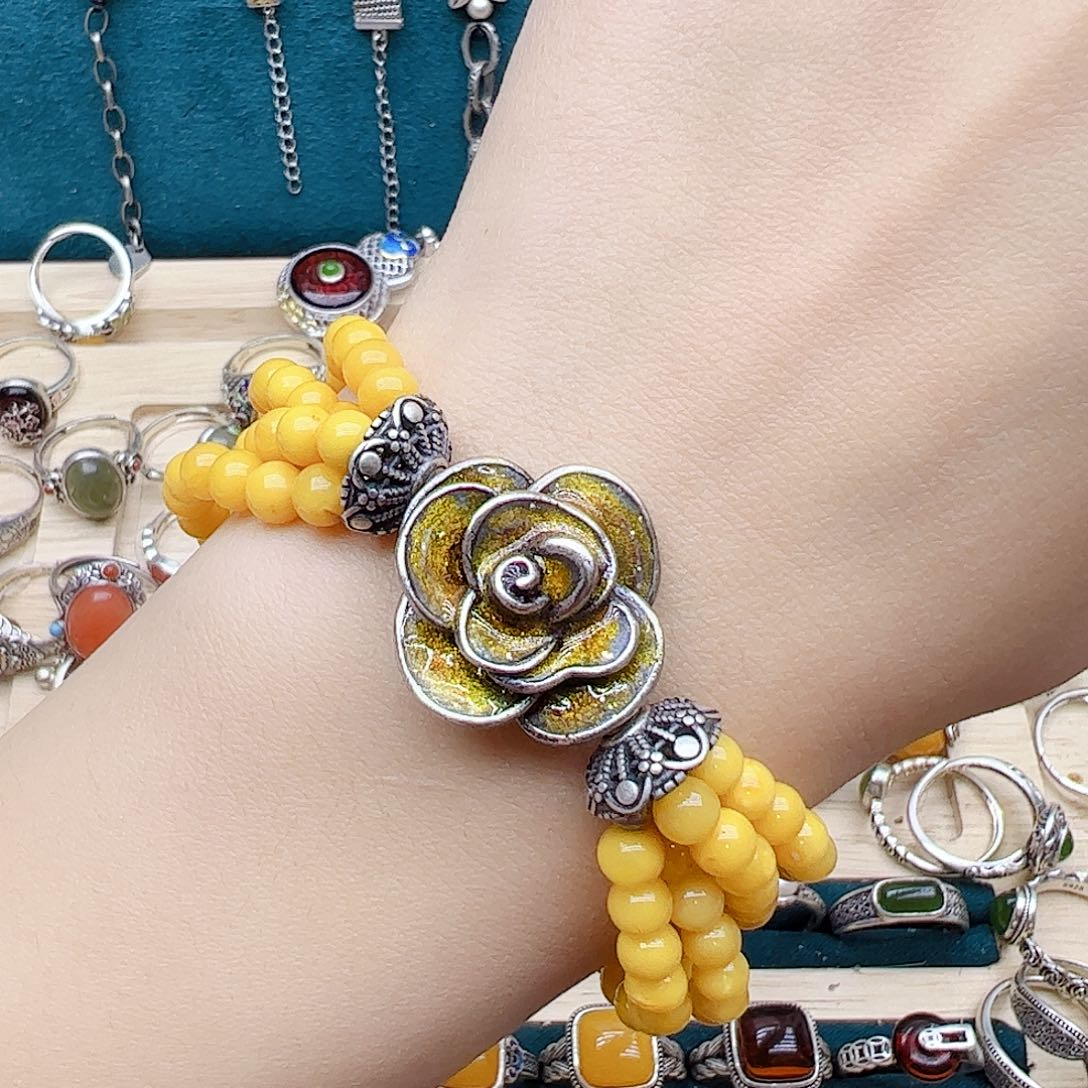 蜜蜡手链银S925镶嵌天然蜜蜡