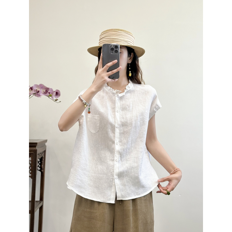 005【100%进口亚麻】领口木耳边小飞袖文艺小衫