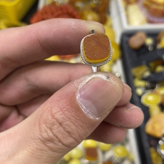 蜜蜡裸石银S925镶嵌戒指