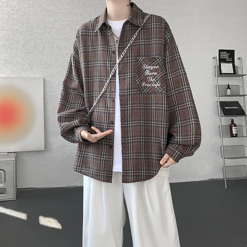 YNZ.XX美式复古格子撞色长袖衬衫男秋季新款港风字母刺绣衬衣外套
