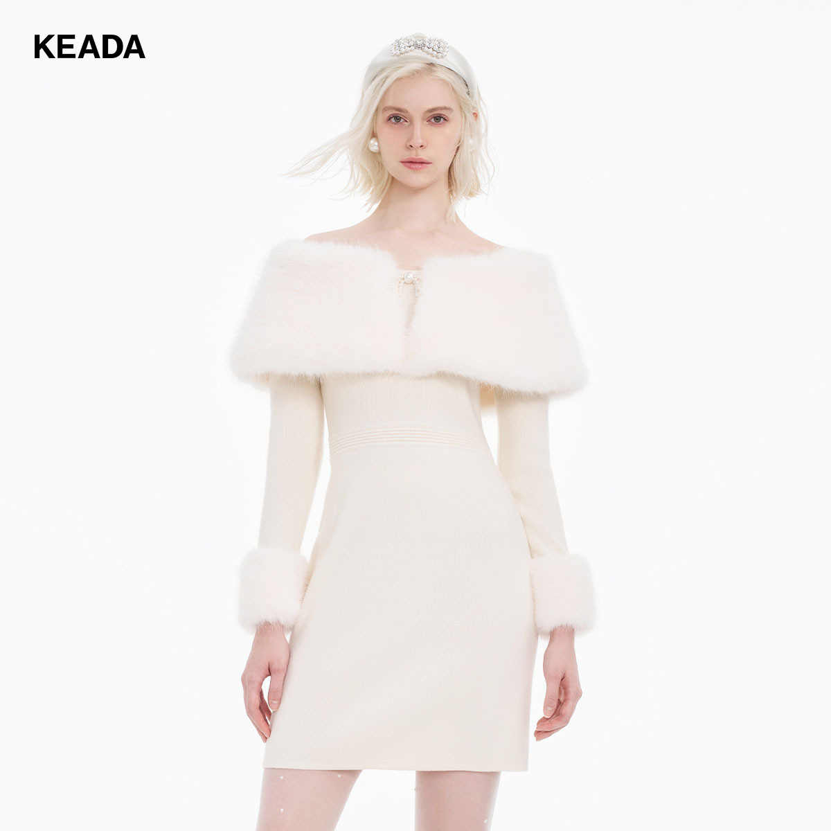 KEADA连衣裙一字肩毛领披肩袖口柔美浪漫修身连衣裙KSN4032155