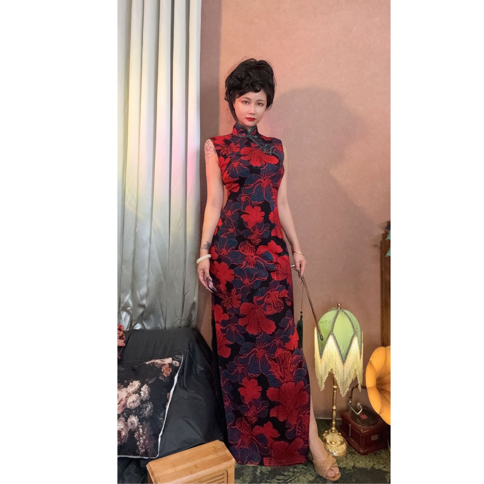 四月芳菲【血色百合】夏季螺纹棉包臀裙长旗袍无袖日常复古印花旗袍