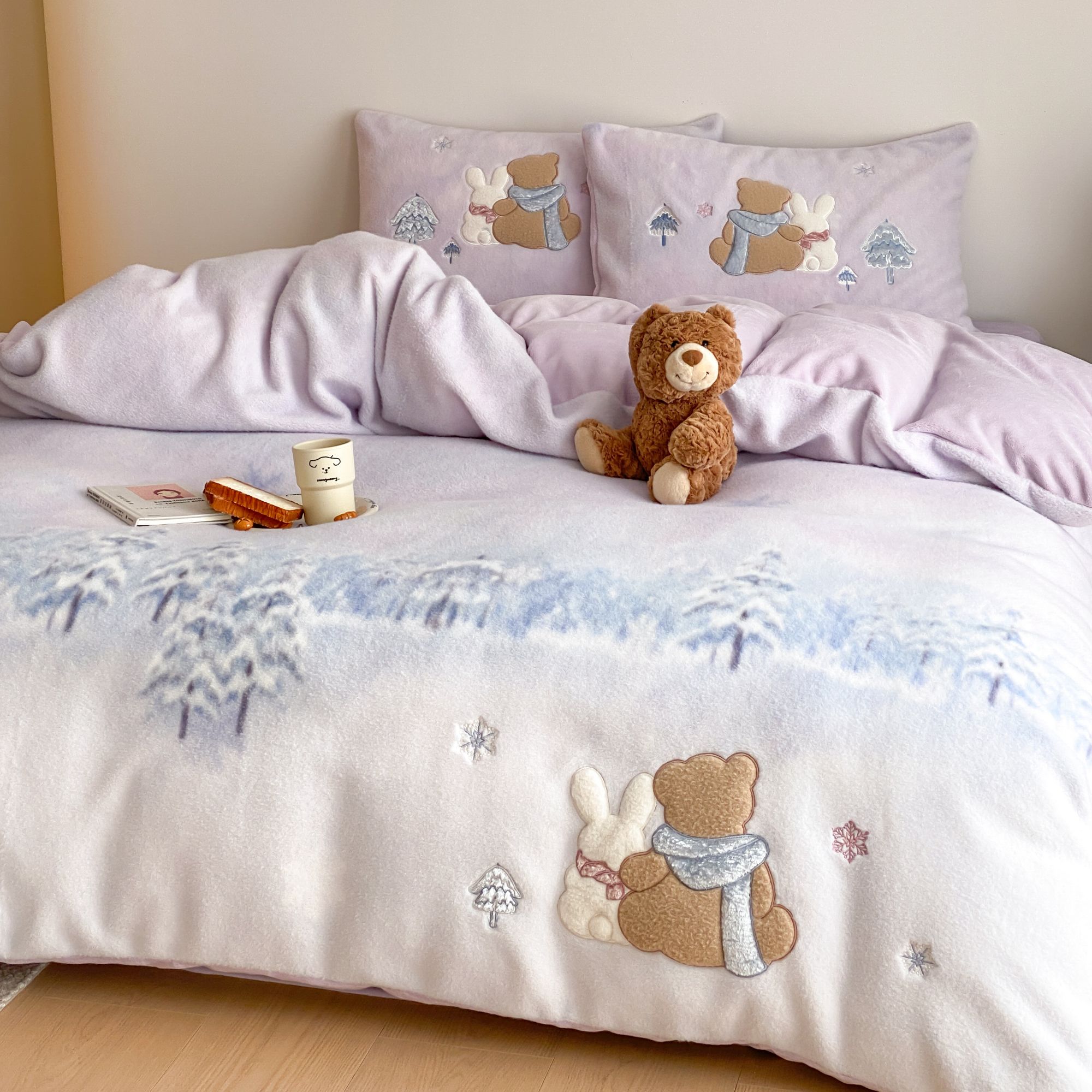 极光森林丨秋冬加厚牛奶绒贴布绣工艺柔软细腻保暖裸睡四件套