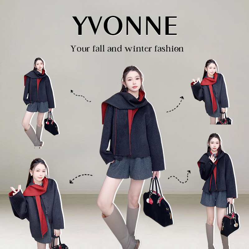 ISYVONNE / Movie氛围中 100绵羊毛双面撞色时髦天花板双面尼大衣