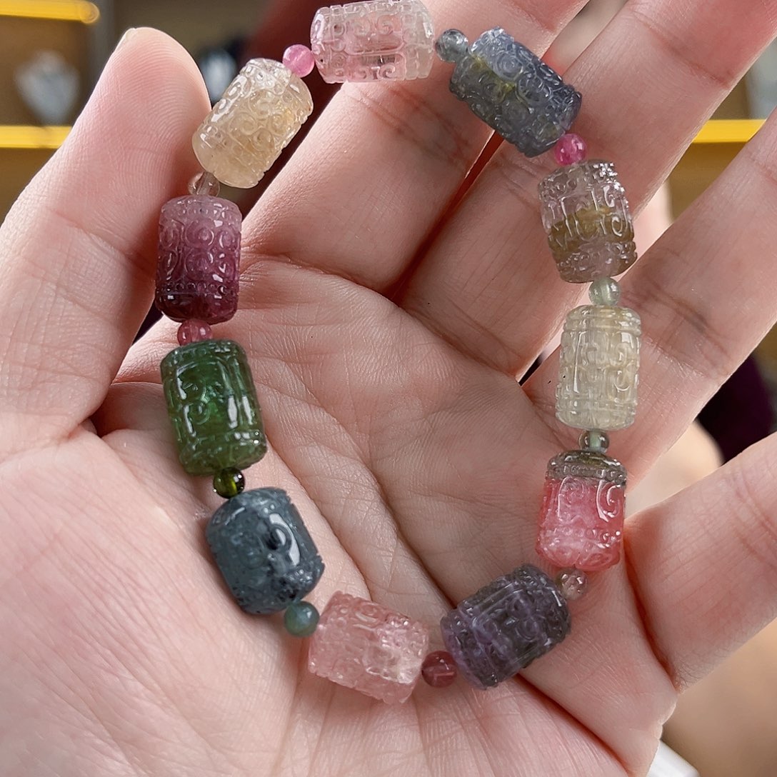 碧玺碧玺回纹珠未镶嵌暖*