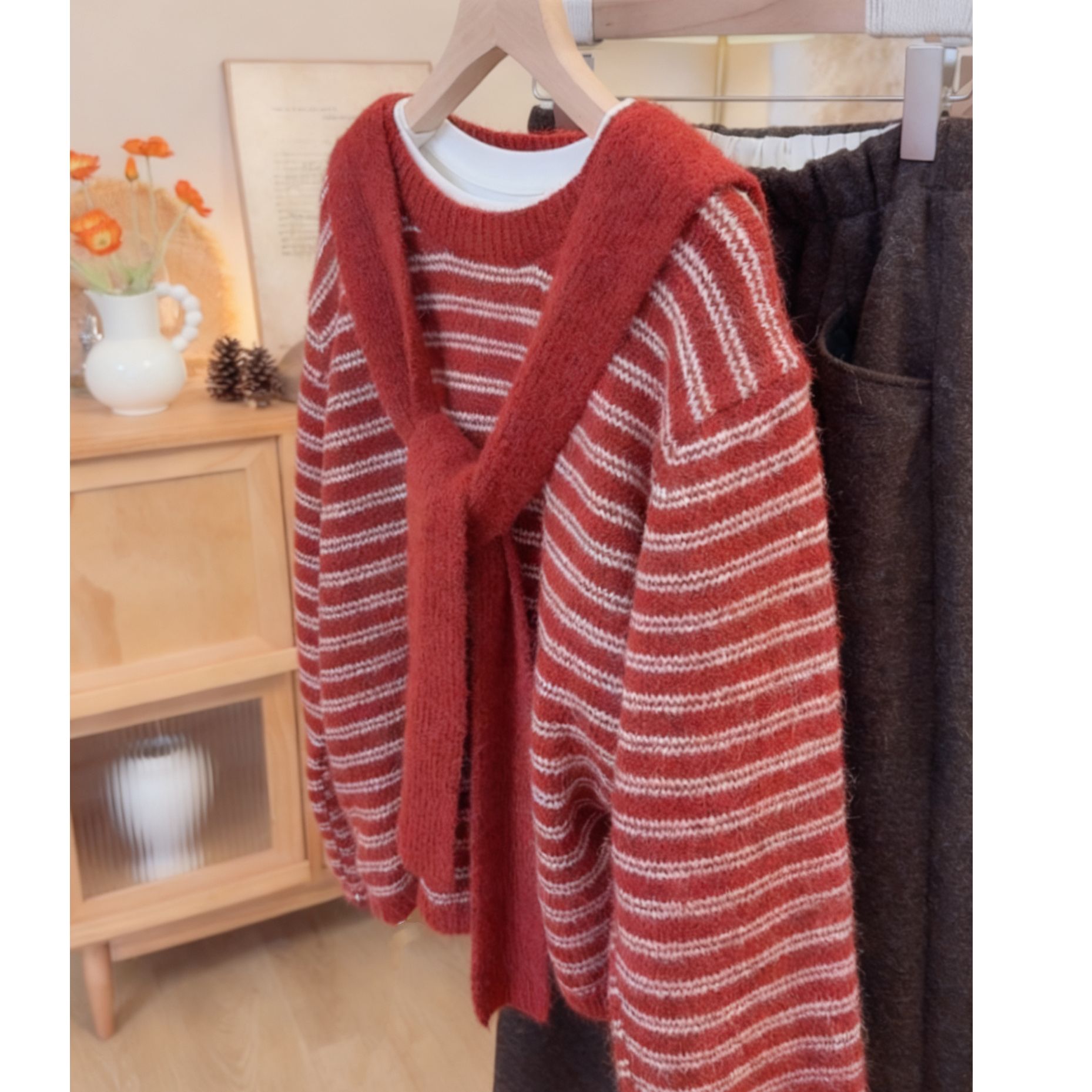 秋冬韩系慵懒风两件套圆领条纹针织衫搭配围巾披肩女款