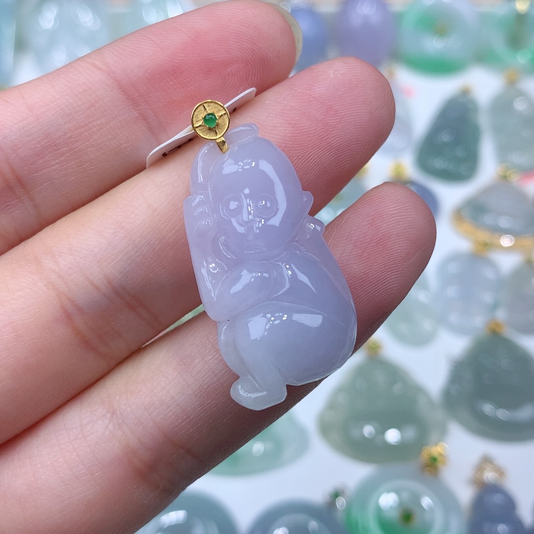 翡翠颈饰18K金镶嵌猴子