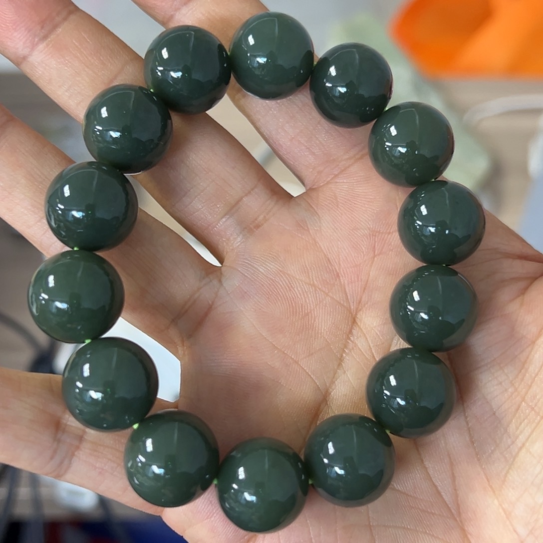 和田玉手链未镶嵌且末蓝卡16圆珠 油润