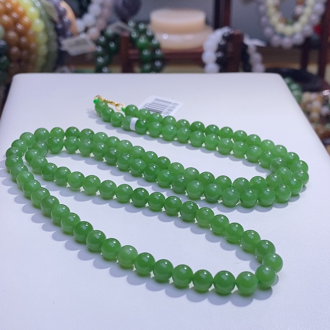 和田玉未镶嵌收藏级碧玉老料高冰苹果绿金镶圆珠珠链6m