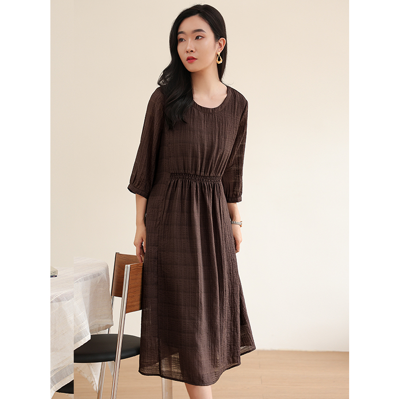 阿吉多A31083气质连衣裙女春夏新款大码宽松收腰遮肚子七分袖裙子