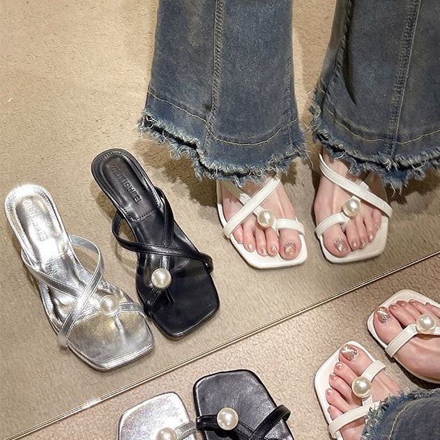 中跟新款夏季细跟气质百搭时尚珍珠法式人字拖鞋女外穿高跟鞋