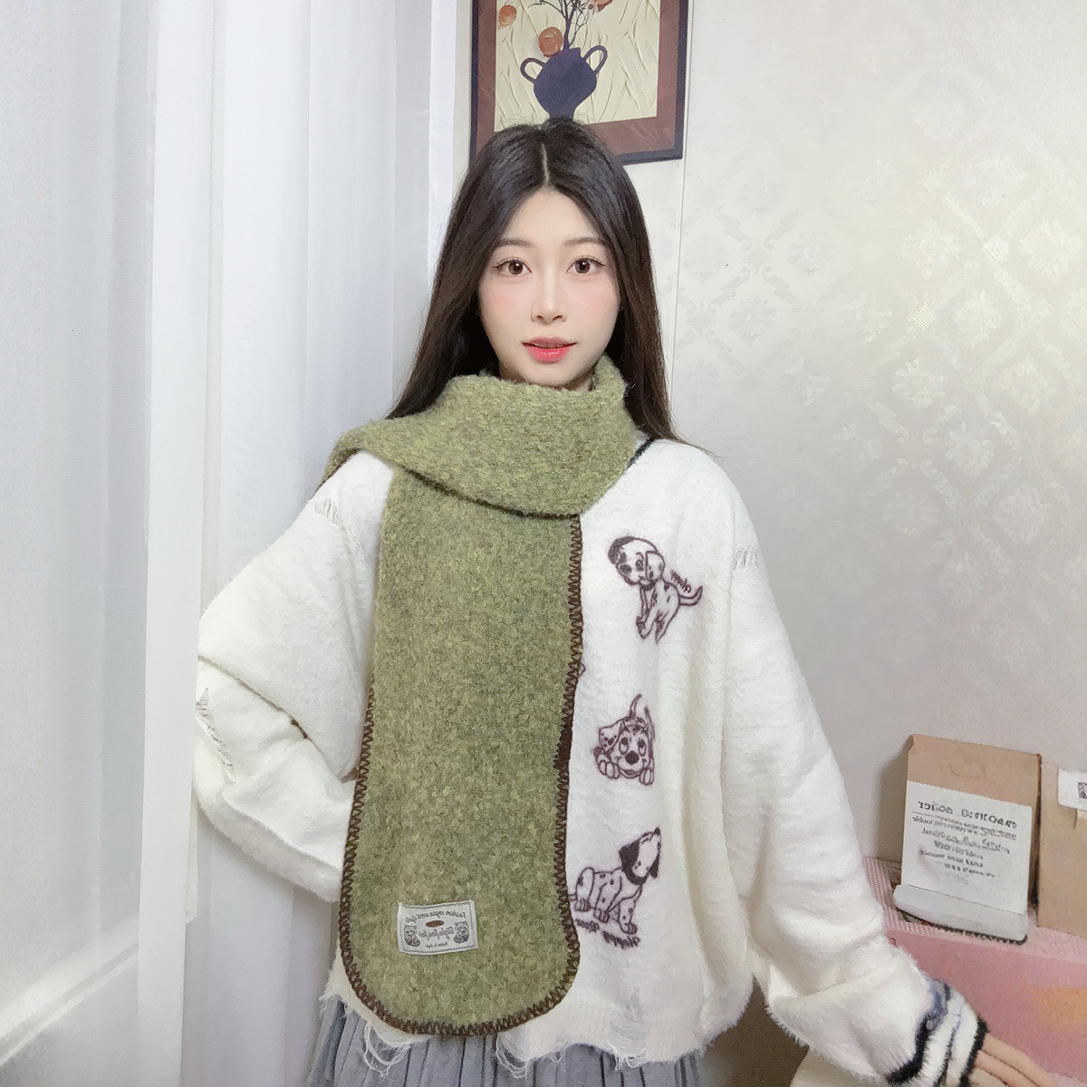 绿色加绒加厚围巾女冬女生韩系休闲保暖文艺毛绒围脖披肩两用高级