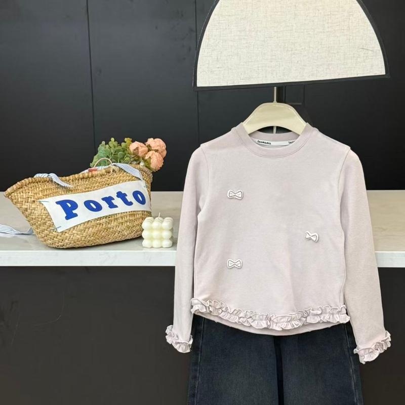 【现货】leomama女童蝴蝶结打底衫25秋冬新款百搭长袖儿童可甜美T恤