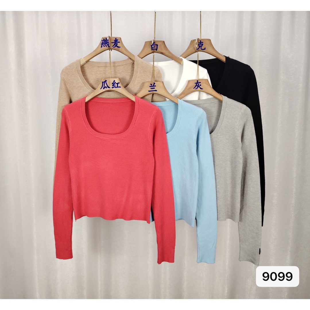 9099气质优雅纯色方领螺纹长袖毛衣打底