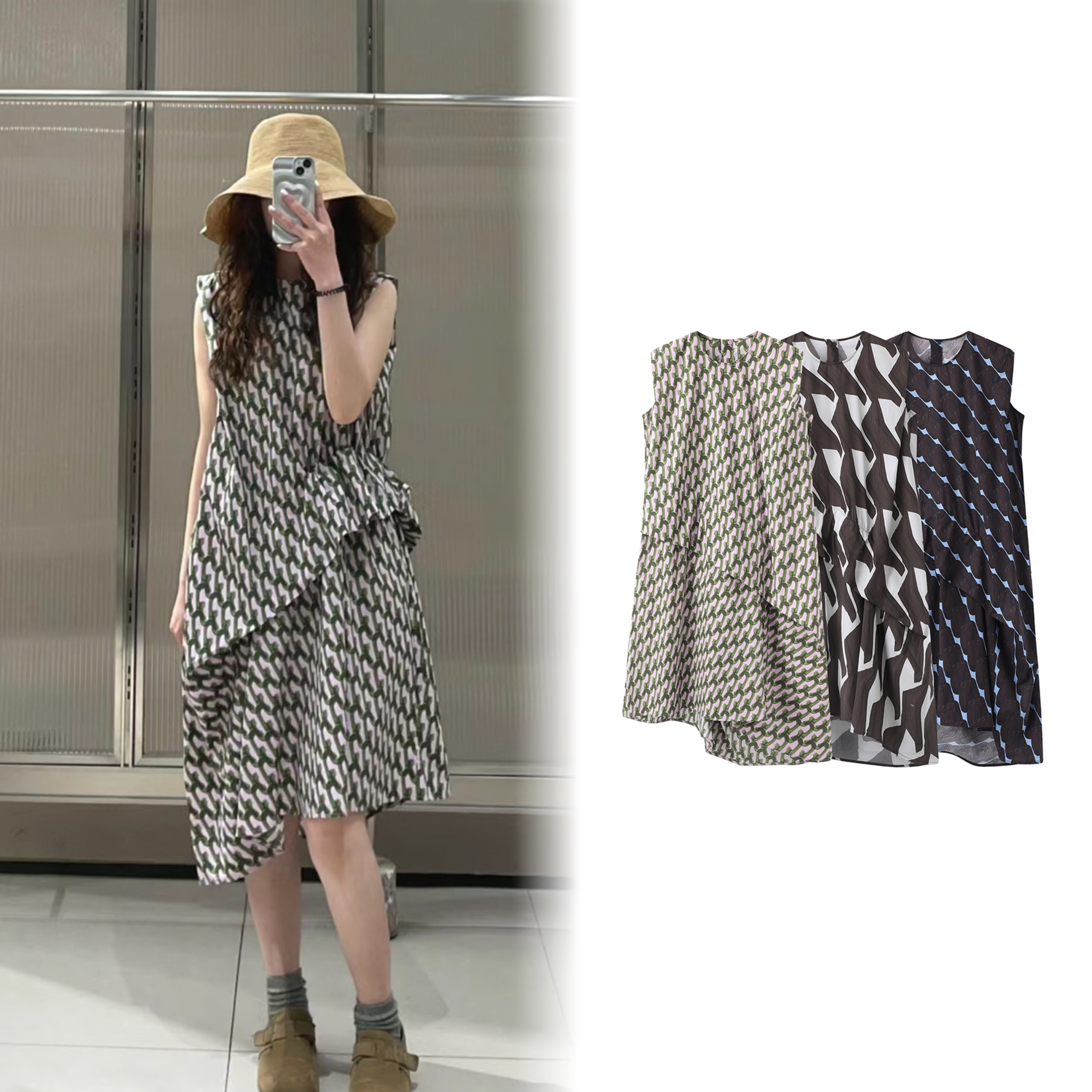 【0401】2025夏季新款捏褶不规则印花设计感宽松显瘦无袖连衣裙女