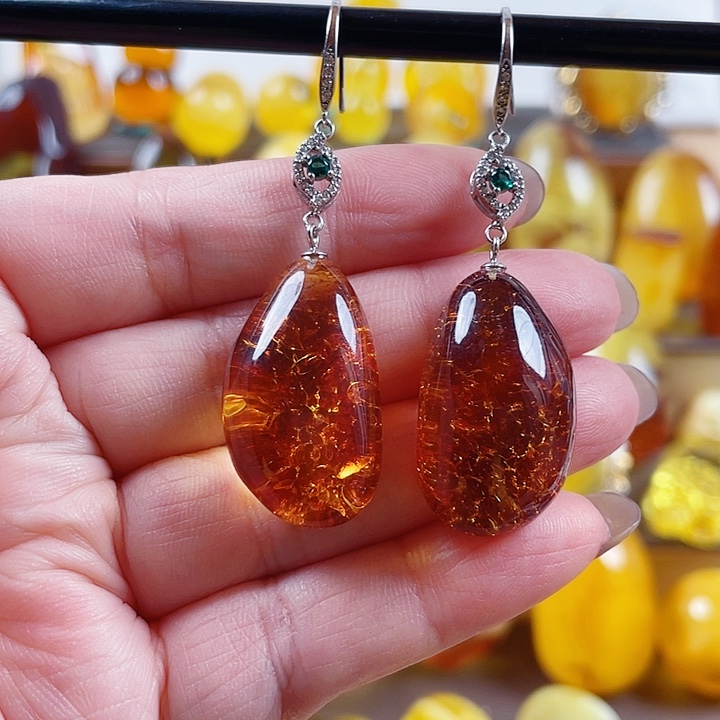 冰***聊琥珀银S925镶嵌裸石耳环