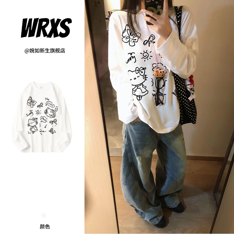 【婉如新生】卡通kitty印花长袖T恤女早秋宽松慵懒休闲打底百搭上衣