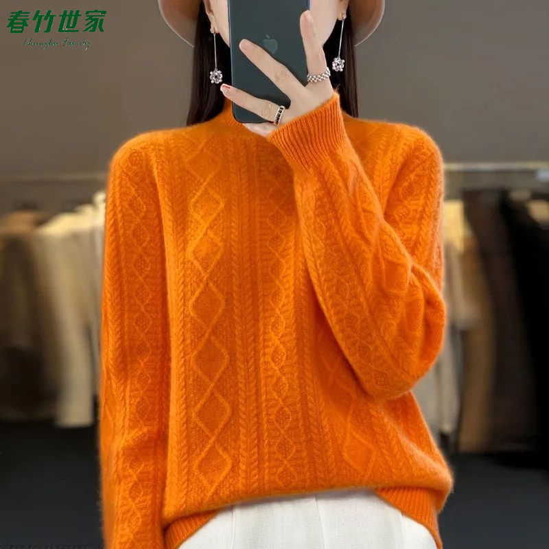 春竹世家半高领羊绒针织衫女秋冬新款宽松毛衣打底羊毛衫针织上衣