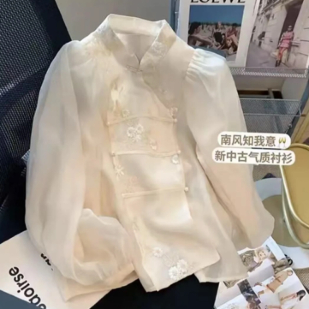 新中式复古改良旗袍刺绣衬衫女2025春新款设计感小众国风盘扣上衣