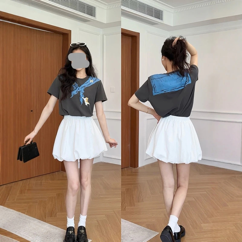 大码新款夏季印花圆领T恤女设计感小众时尚休闲百搭短袖显瘦上衣