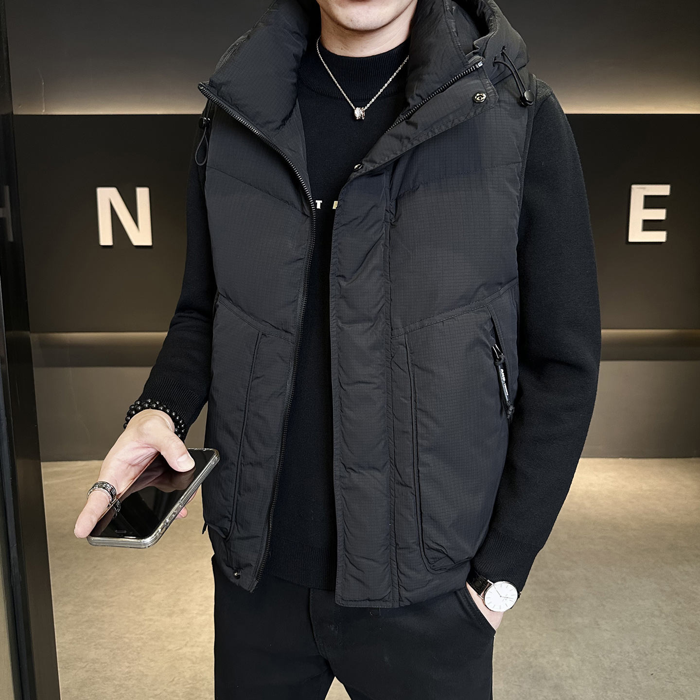 新款羽绒马甲男士格纹外套2025秋冬季鸭绒坎肩男连帽加厚保暖马夹