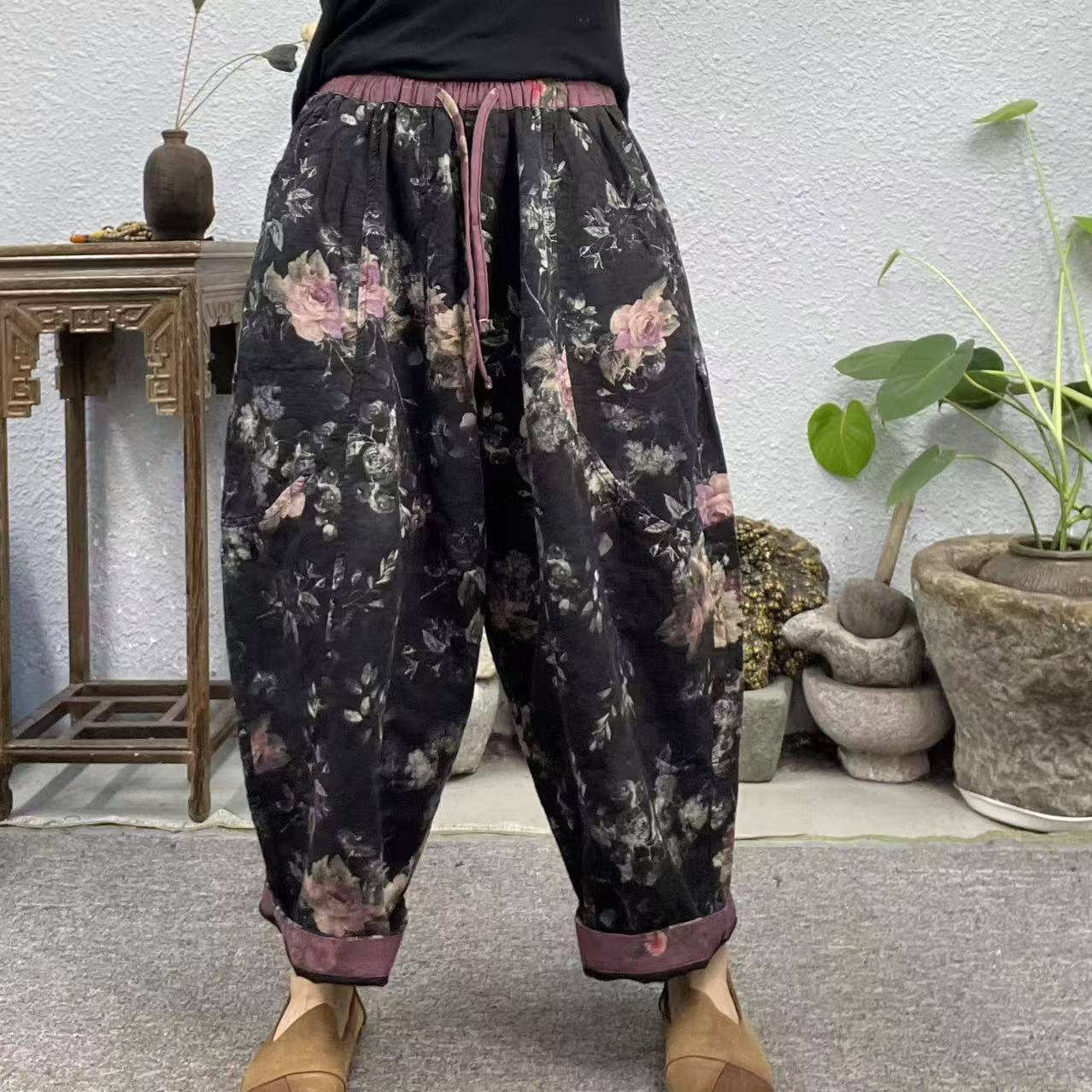 8025黑底紫花双层裤腰拼色双层纱休闲裤（长88臀围140脚口52