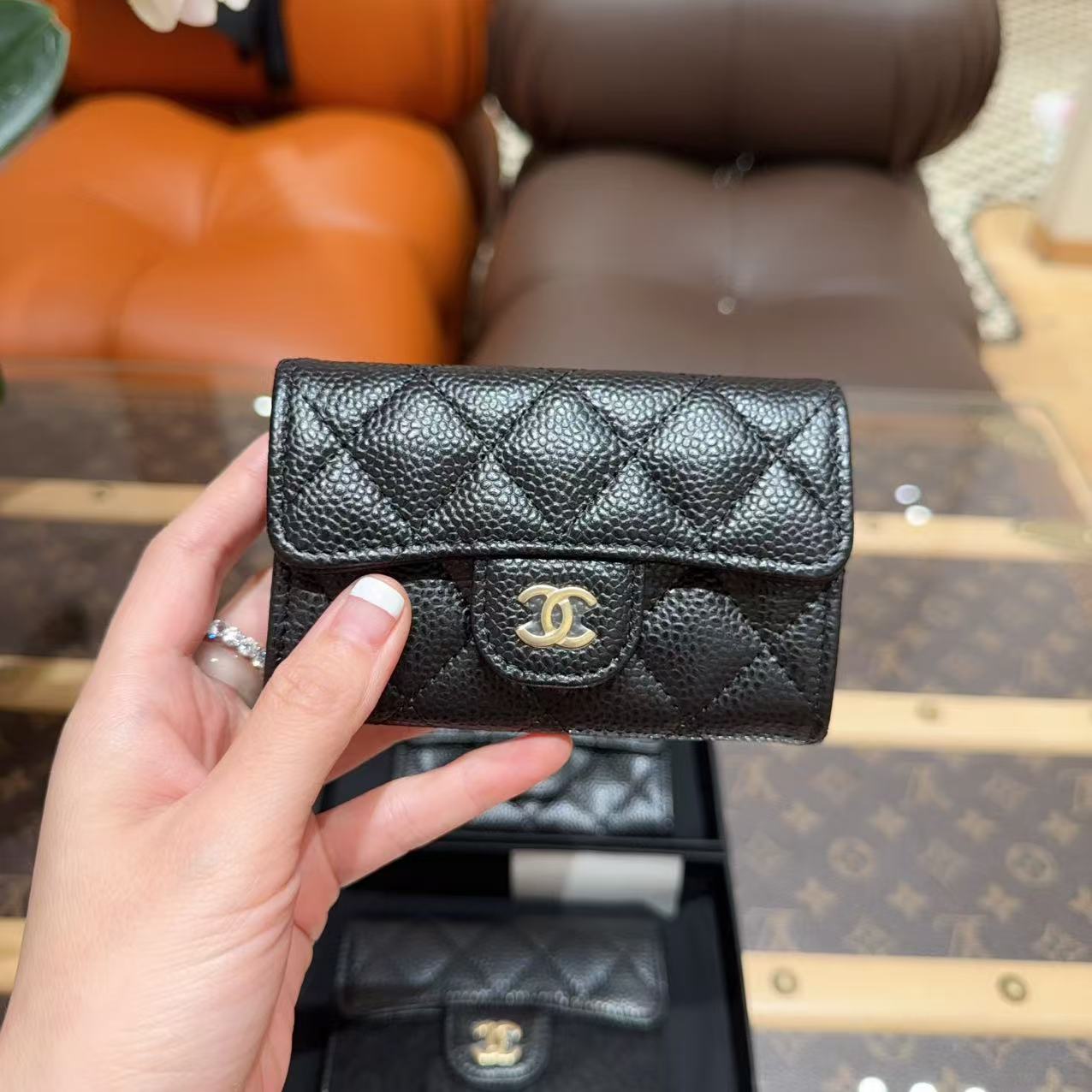 未使用 Chanel/香奈儿  经典黑金荔枝皮 翻盖款零钱包