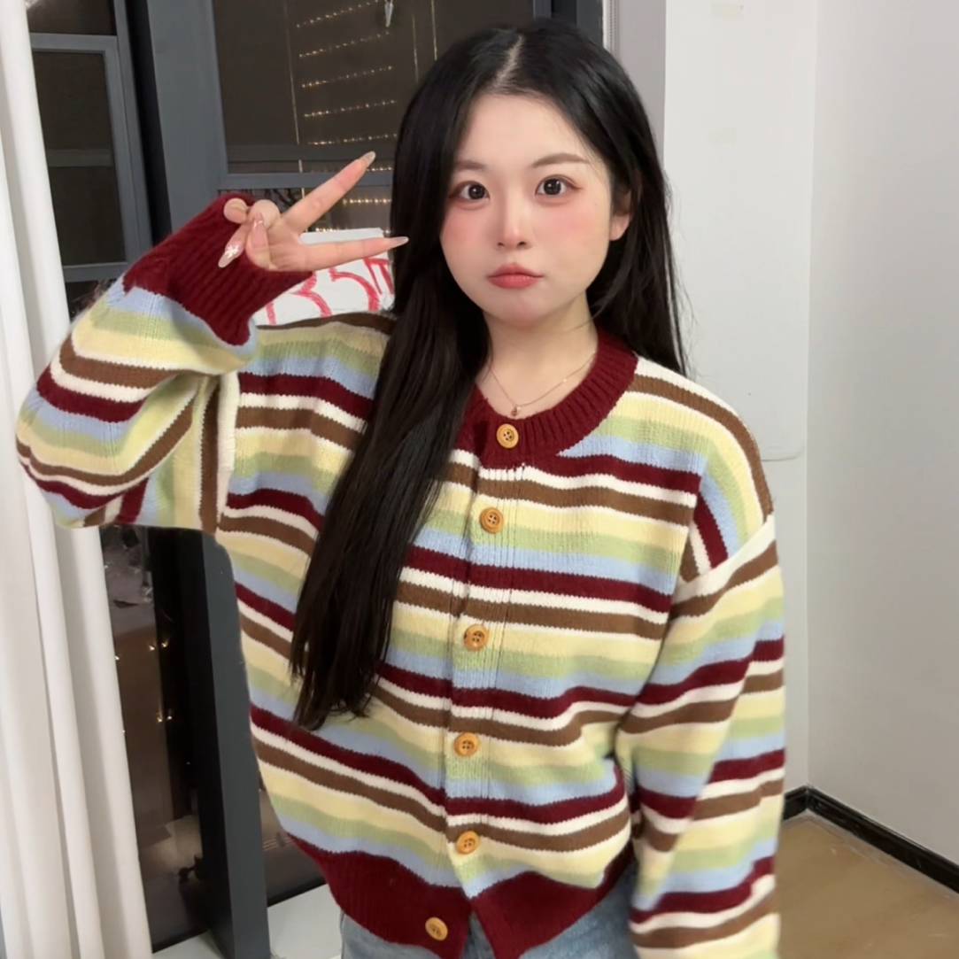 条纹彩色复古圆领开衫毛针织衫慵懒风韩版秋冬