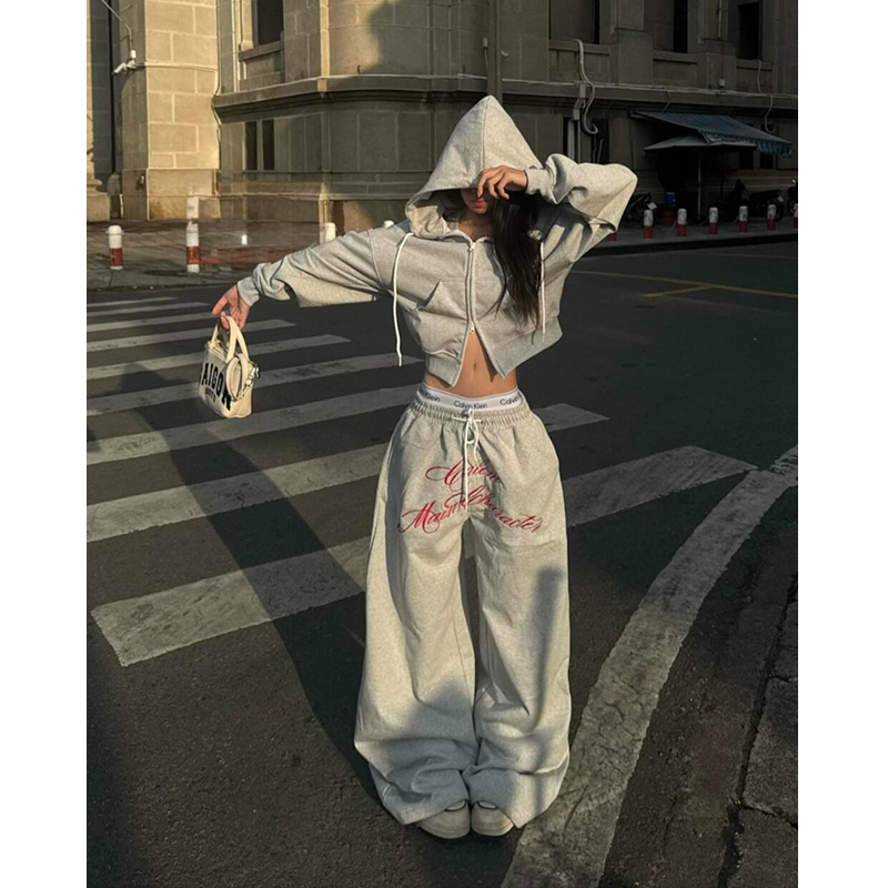 Two Million/慵懒大兜帽拉链短款外套+刺绣抽绳拖地长裤卫裤套装