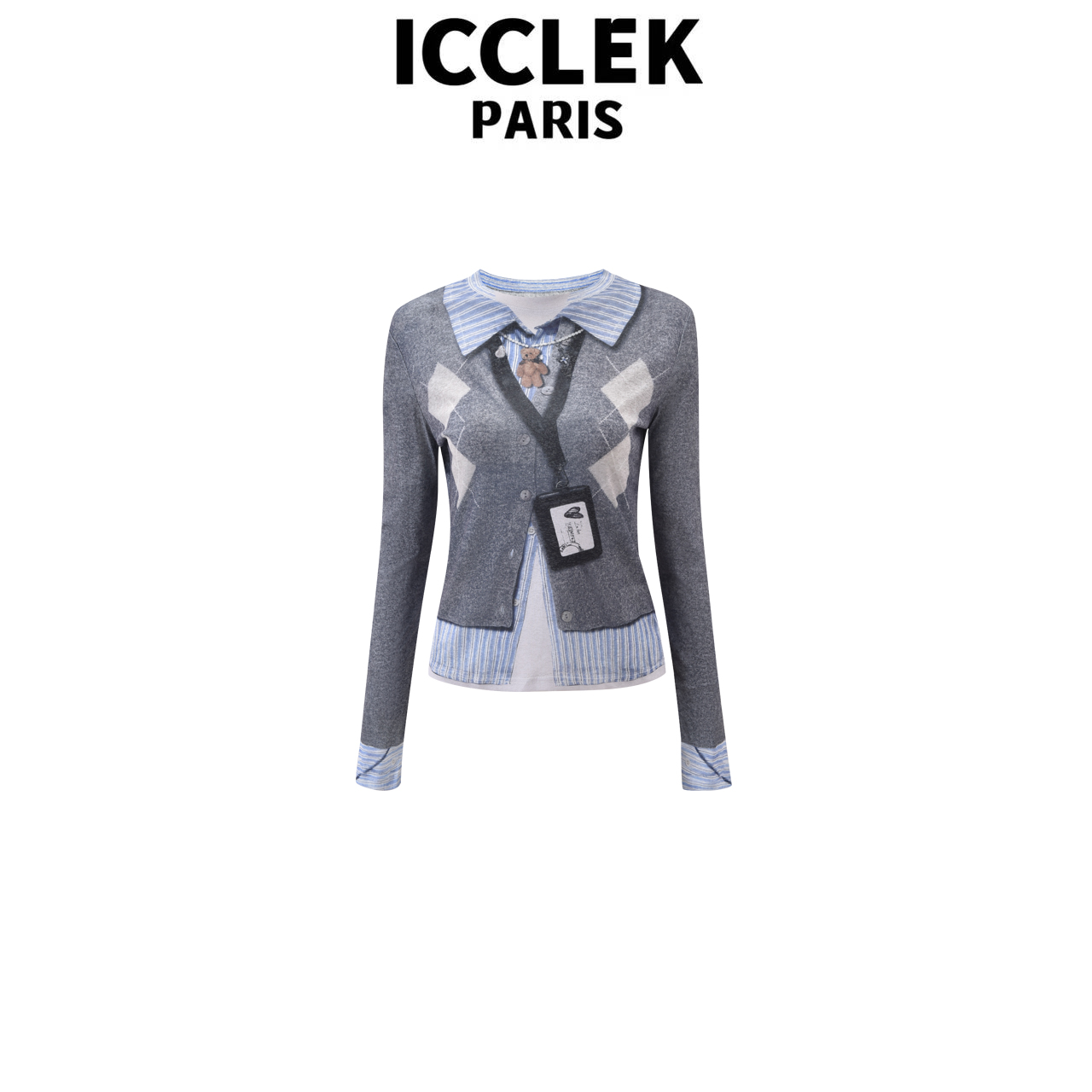  ICCLEK 灰色翻领纽扣长袖针织衫气质名媛气质时尚打底衫  - 5893