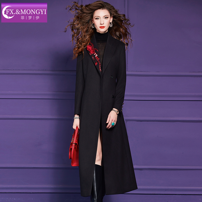 菲梦伊绣花西装领毛呢外套女秋冬季极简风气质中长款大衣67643