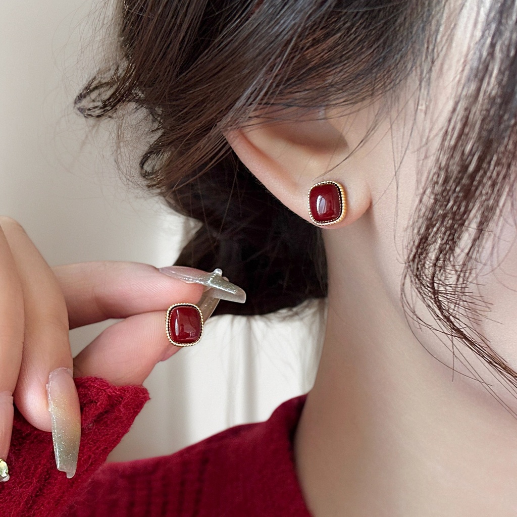 合金仿珍珠耳饰 日韩新年枣红耳钉女耳环2025年新款爆款秋冬耳饰