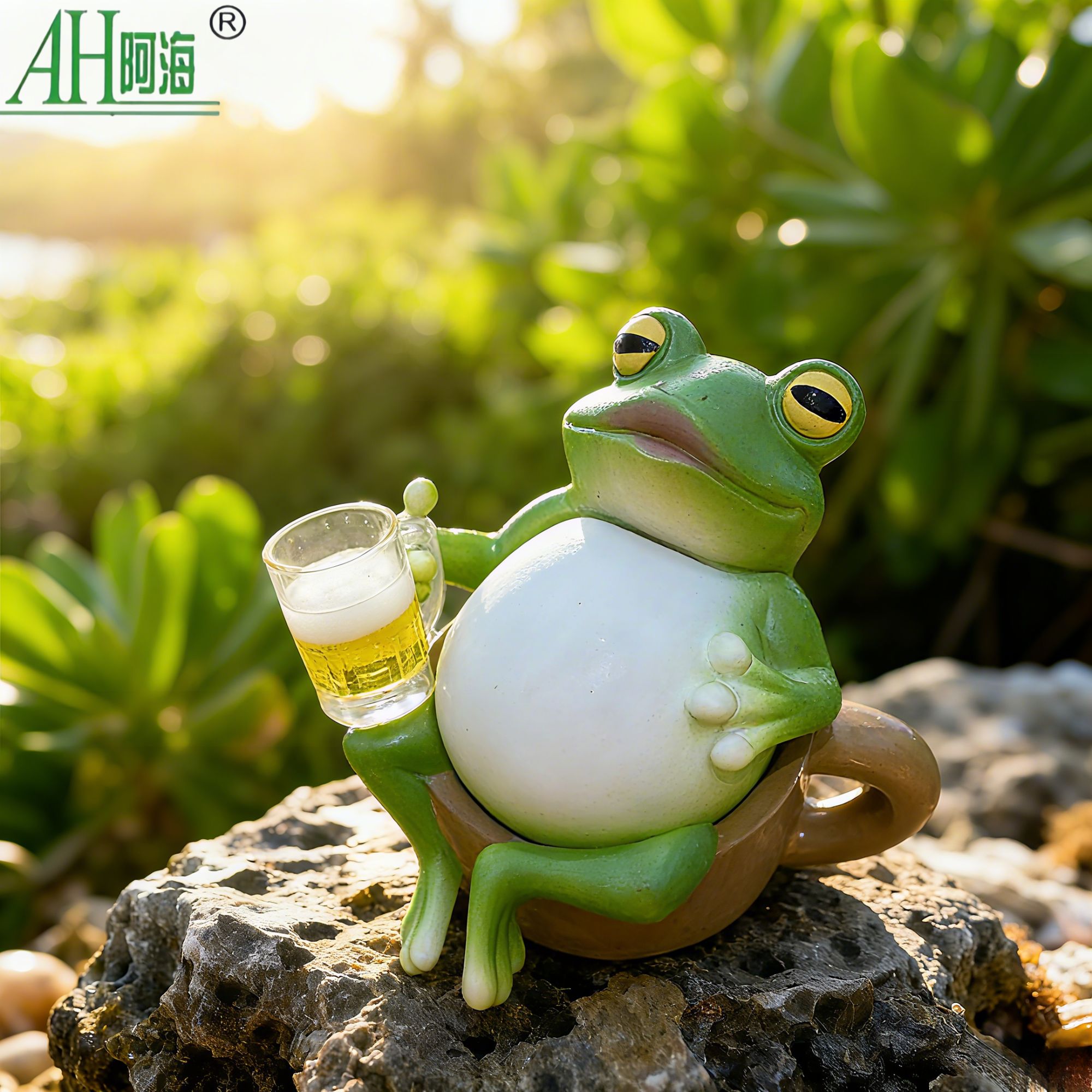 AH/阿海水杯青蛙拿啤酒 创意环保树脂工艺品居家桌面花园阳台装饰