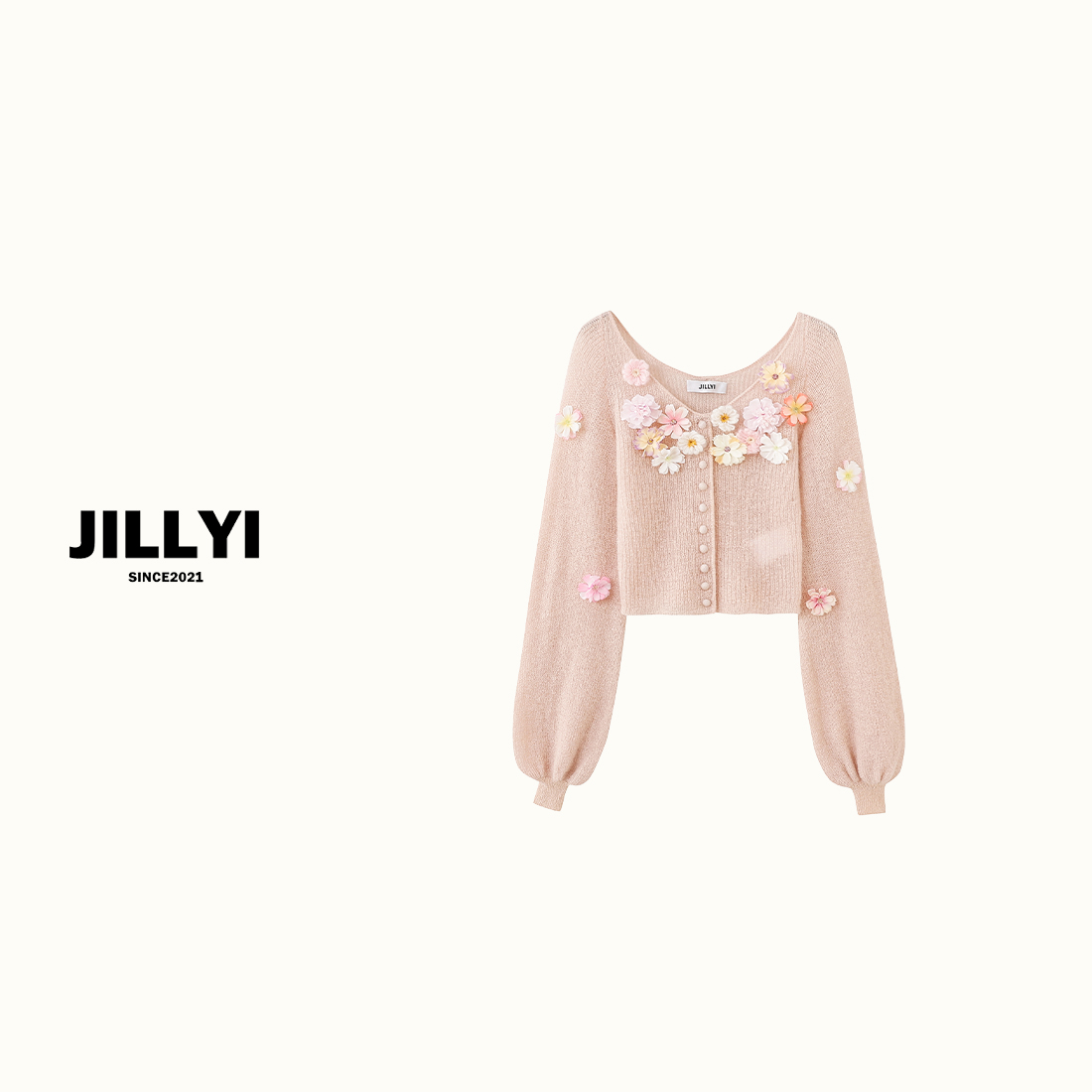 JILLYI【花仙子】两色圆领手工3D花瓣装饰小众典雅时尚针织开衫
