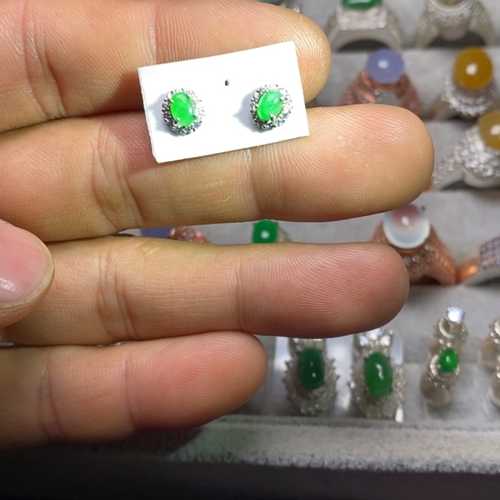 翡翠耳饰银S925镶嵌耳钉