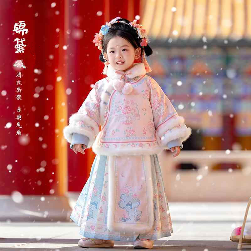 汉服女童秋冬儿童中国风冬款女宝宝加绒拜年服明制女孩马面裙套装