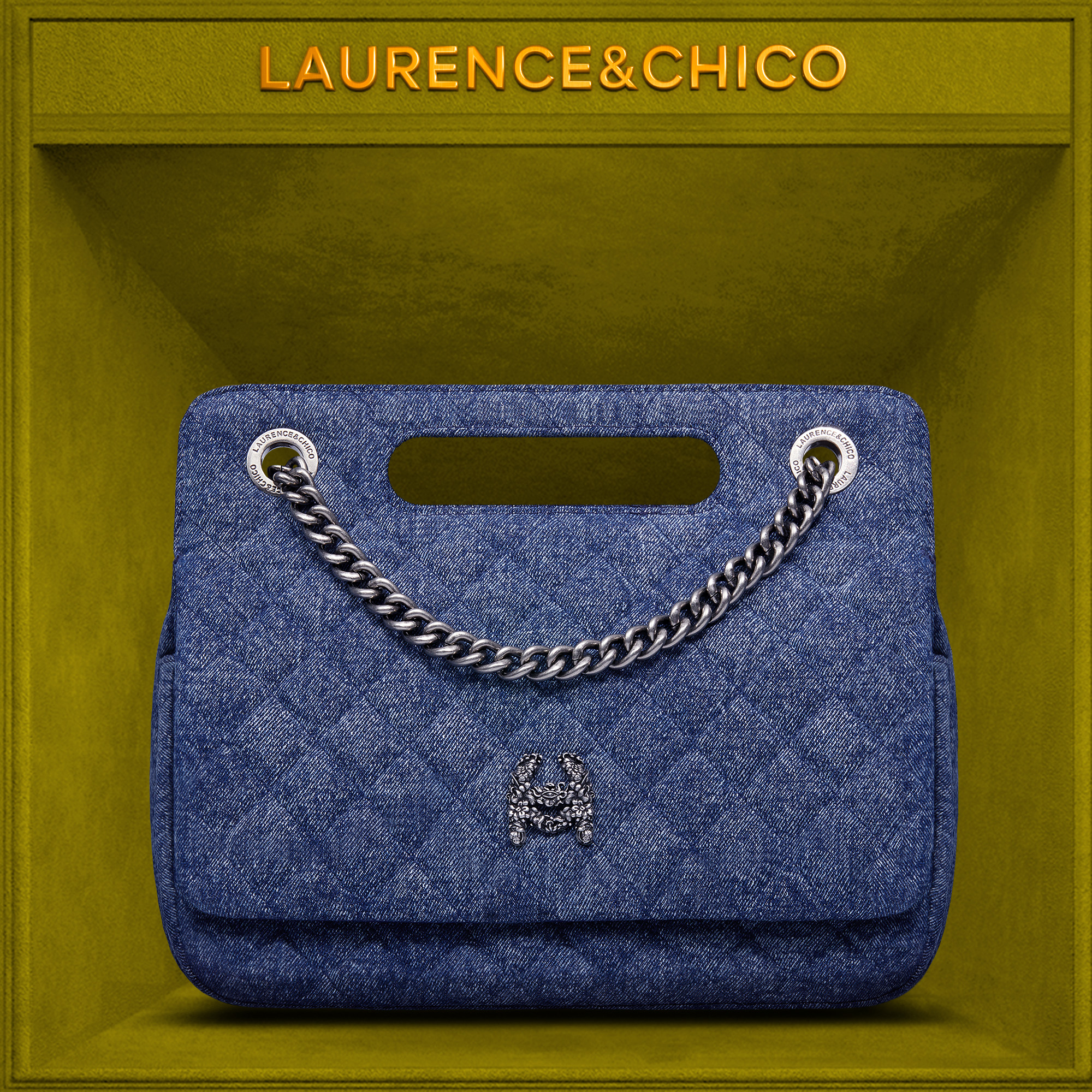 LC蓝色牛仔牛奶盒系列菱格纹链条单肩包斜挎包方包