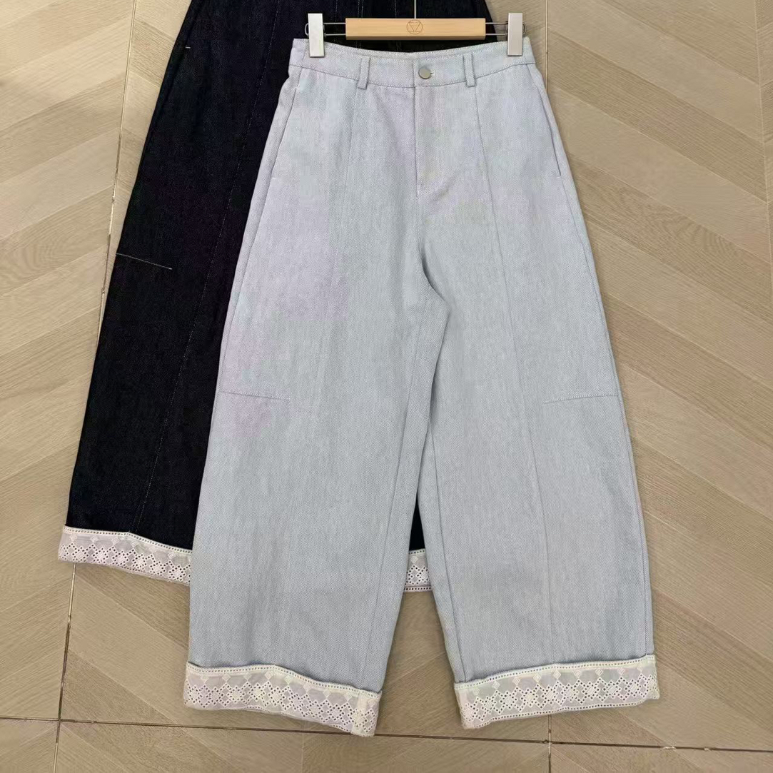 D50668蓝色直筒九分文艺蕾丝翻边弯刀休闲牛仔萝卜牛仔裤