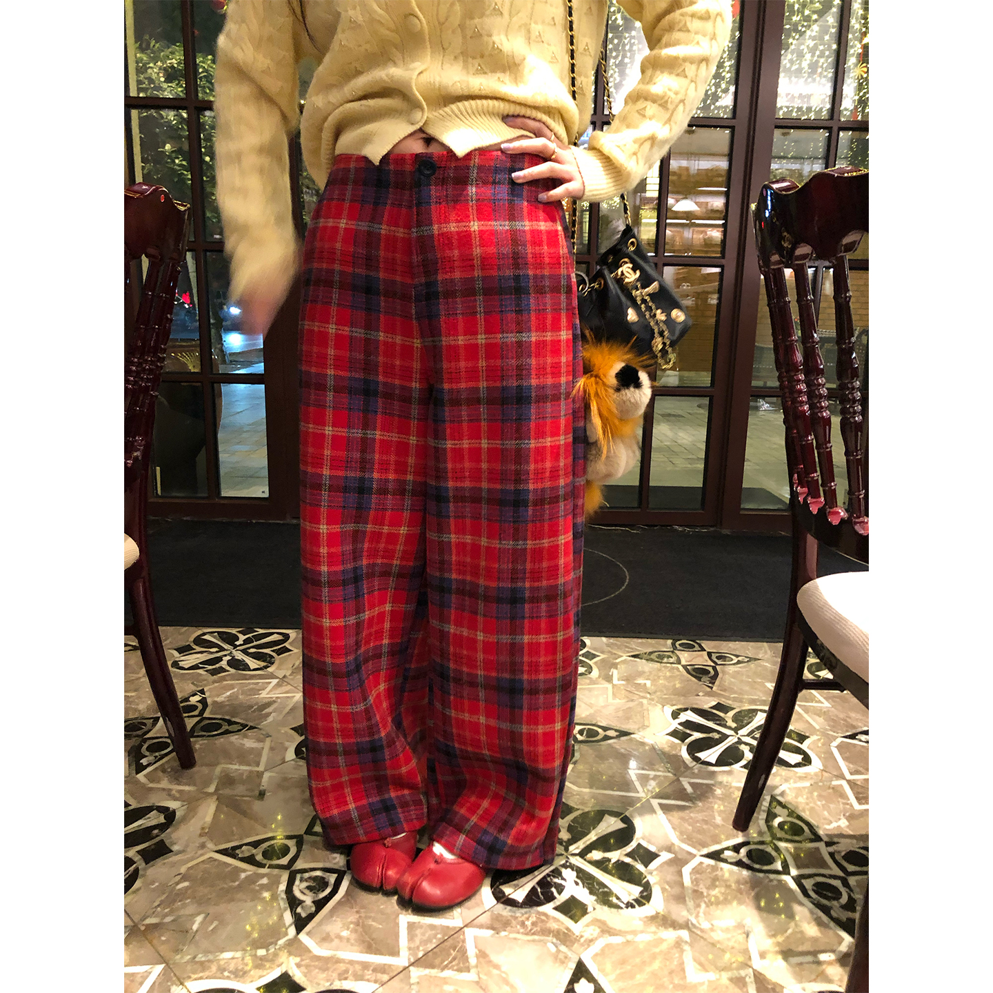 落落狷介加绒裤子女2025年新款冬季毛呢休闲裤高腰格子羊毛裤保暖
