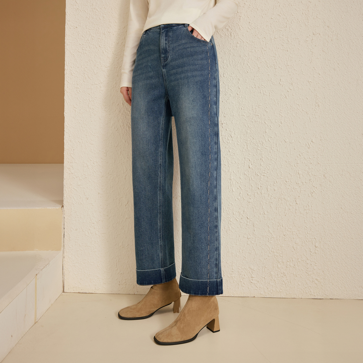 【蛋卷裤】纤莉秀大码女装流光风初冬植绒加厚保暖牛仔裤QK4302