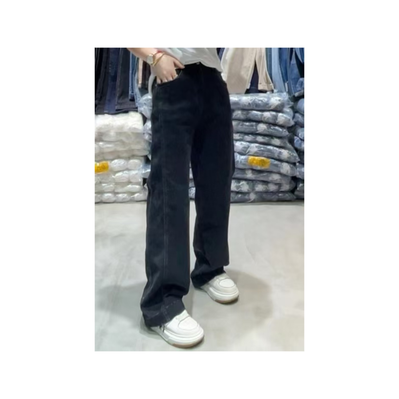 迷你爆款高腰黑灰色牛仔裤显高显瘦百搭阔腿拖地长裤