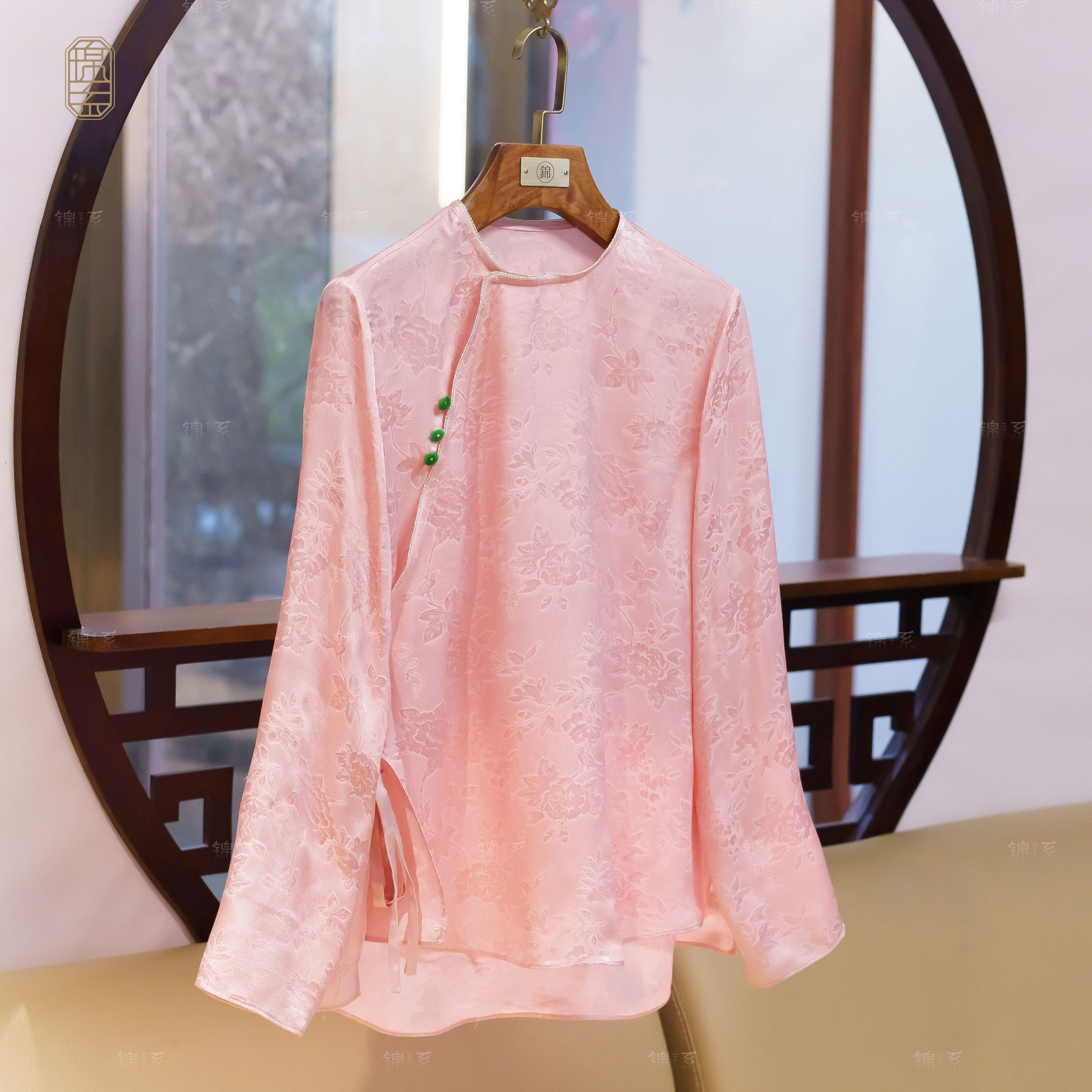 【锦系-新款】真丝花罗新中式国风桑蚕丝圆领斜襟长袖上衣C-382371