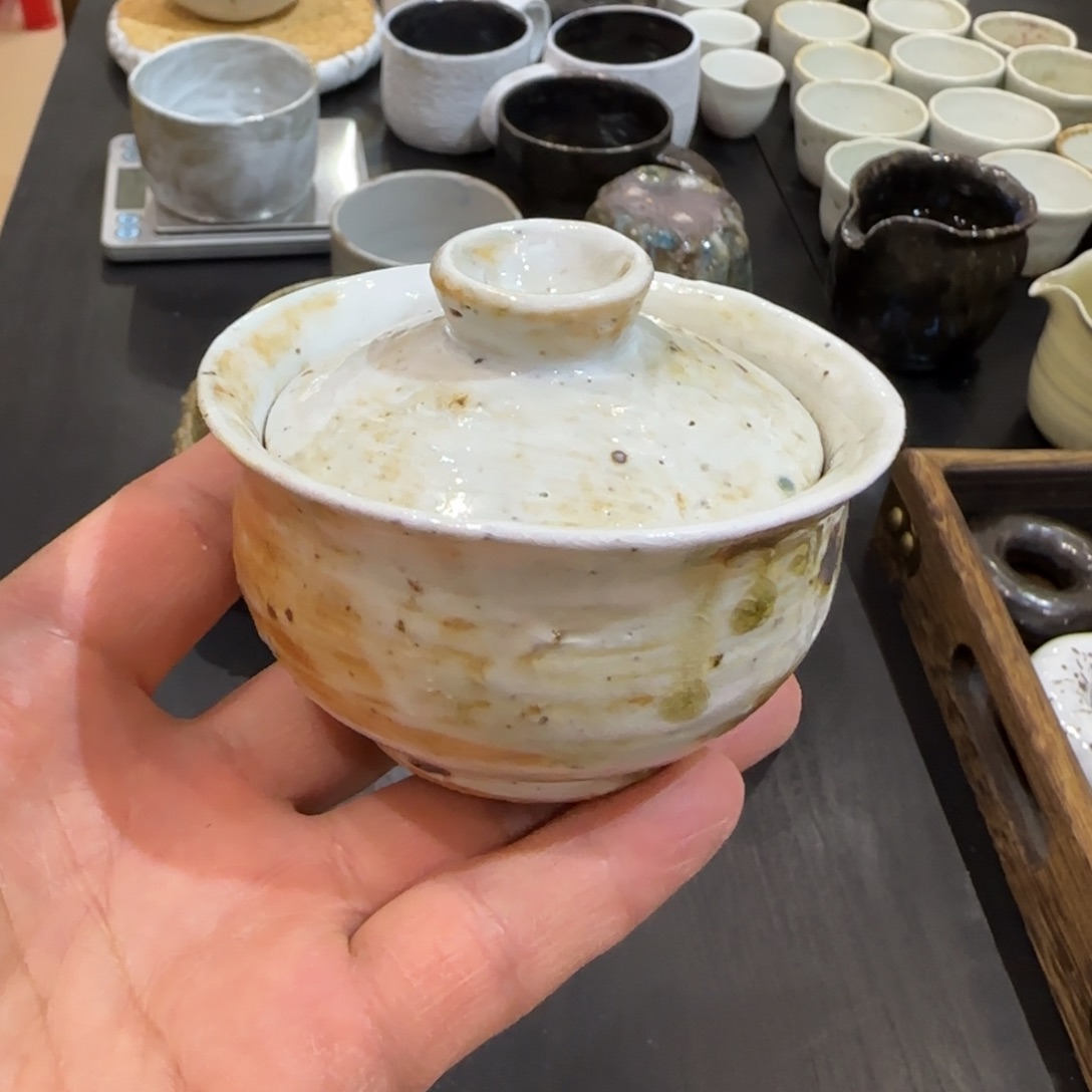 柴烧粉引两才盖碗放漏款