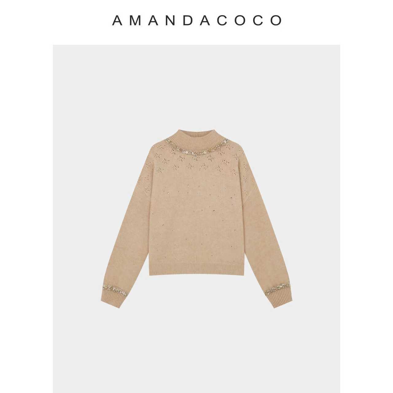  雪域暖阳～25秋冬法式气质钉珠半高领烫钻显瘦针织打底