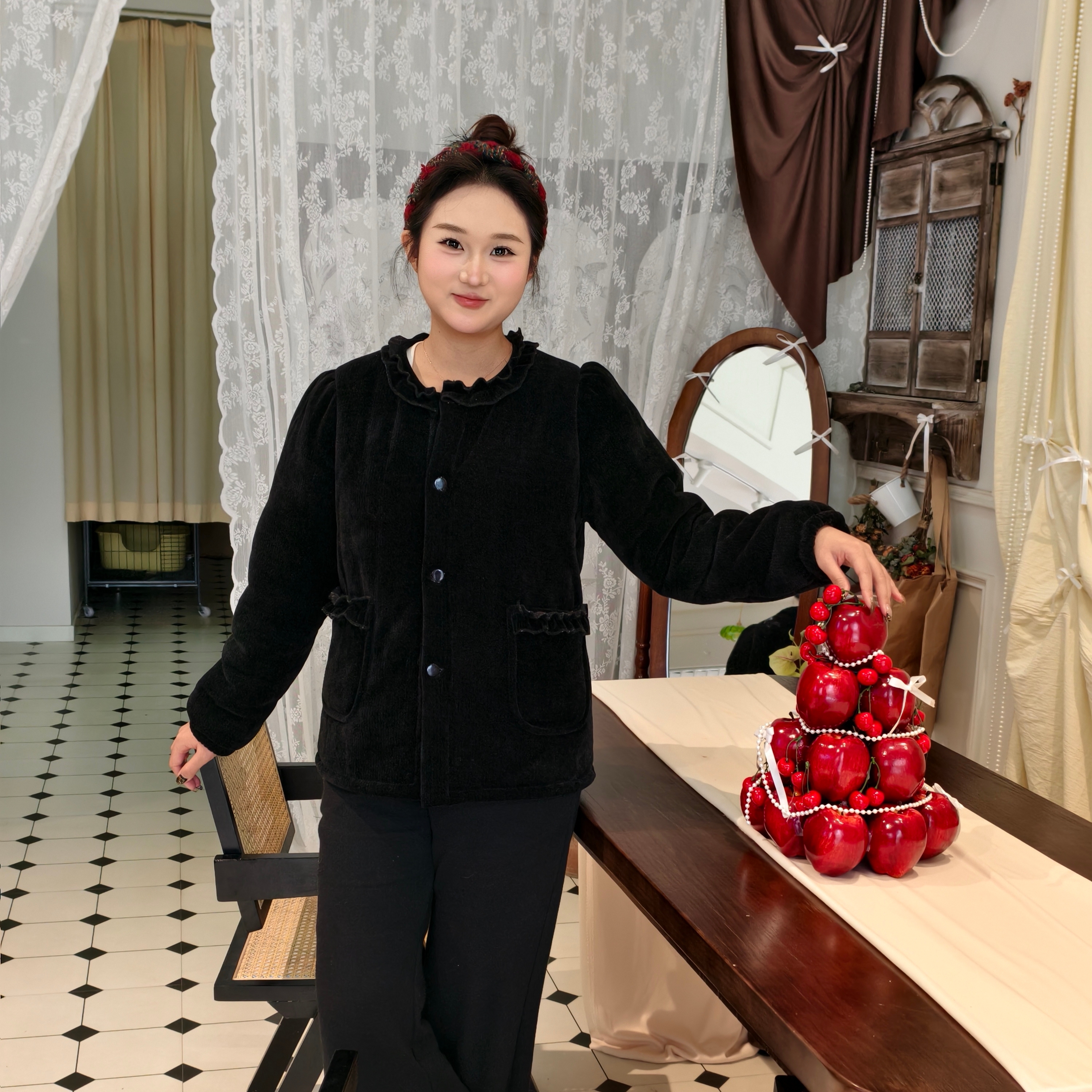 三层加厚夹棉子母条可外穿花边服百搭韩版女装小香风网红秋冬睡衣