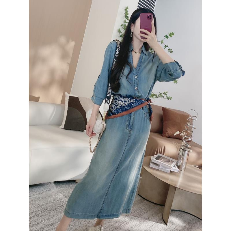 D2【天丝连衣裙】丝巾腰带净版七分袖牛仔连衣裙（（YD3L+丝巾）5581