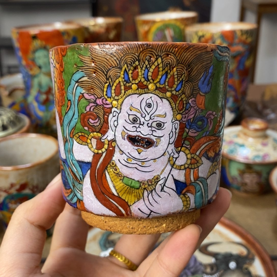 手工绘画白财神杯